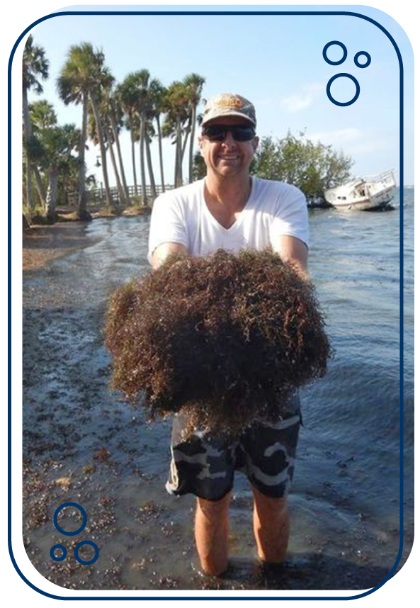 man holding red seaweed